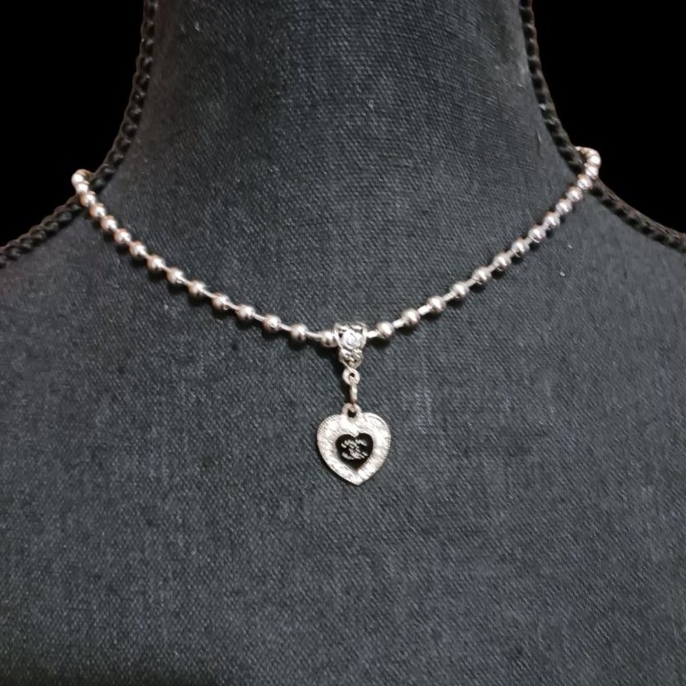 Black Rhinestone Heart  Silver Ball Bead Choker Necklace
